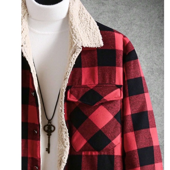 Buffalo Plaid Sherpa Lined Pocket Jacket Shacket - Picture 4 of 9